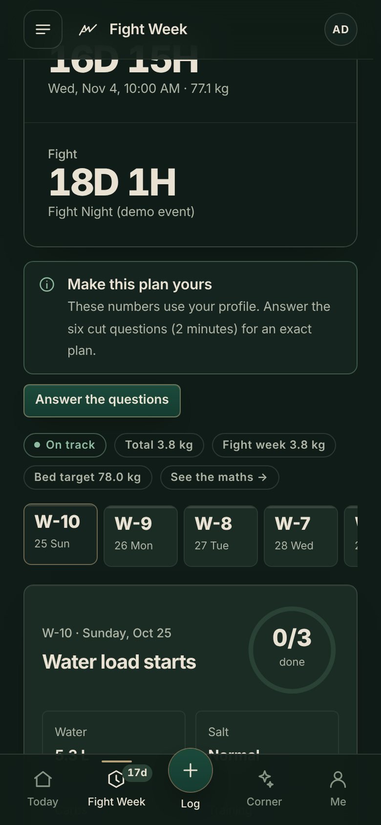 Fight-week plan screen with day strip and tasks